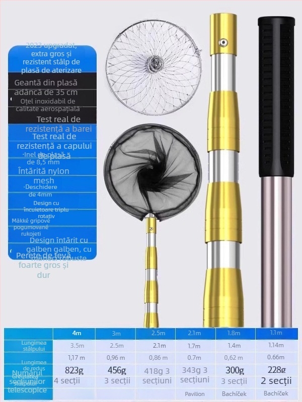 Set telescopic din oțel inoxidabil pentru plasă de pescuit, ultra-robust, cu cap de plasă DSHAJDI02