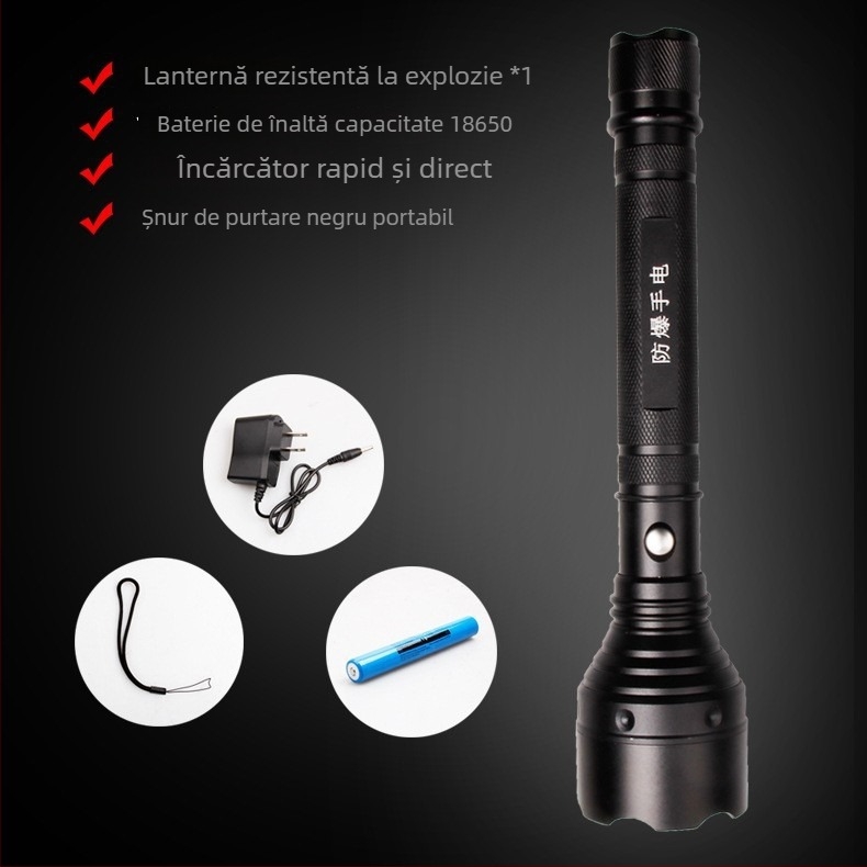 Lumină LED T6, rezistentă la explozie, impermeabilă, reîncărcabilă, aliaj de aluminiu, 6800mAh/10W