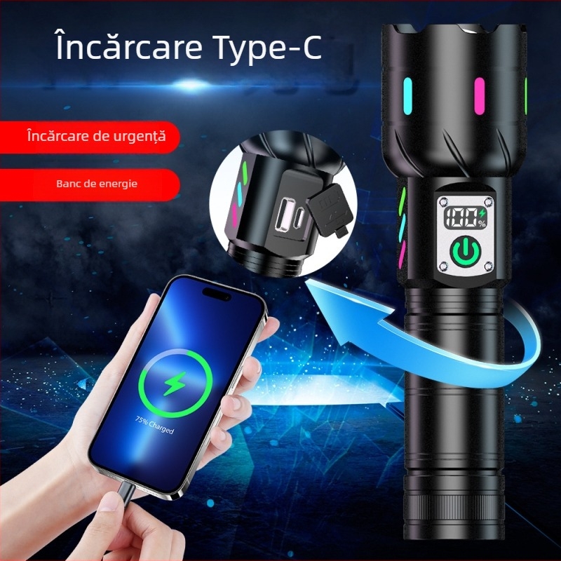 Lanternă LED Portabilă cu Încărcare Directă Type-C, Focalizare Reglabilă, Rază peste 500 m, Corp din Aliaj de Aluminiu, 20W