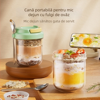Cupa din sticlă pentru ovăz de noapte – Stil modern minimalist, cu capac și linguriță, sigilată pentru transport pentru salate, lapte și milkshake