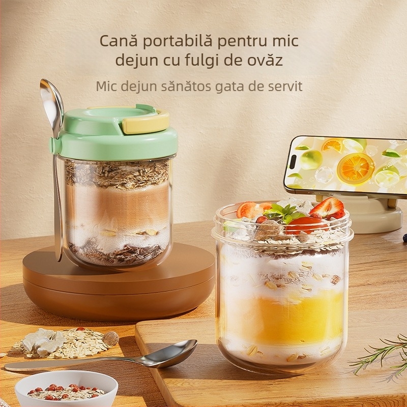 Cupa din sticlă pentru ovăz de noapte – Stil modern minimalist, cu capac și linguriță, sigilată pentru transport pentru salate, lapte și milkshake