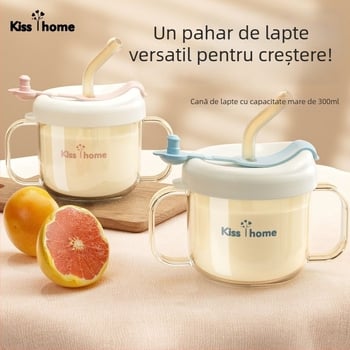 Pahar de lapte pentru copii cu pai, stil desen animat, rezistent la căderi, pahar de învățare pentru băut direct, 1+ ani, PP