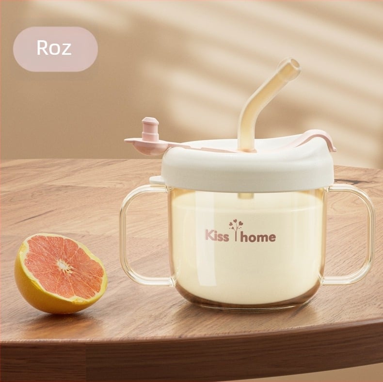 Pahar de lapte pentru copii cu pai, stil desen animat, rezistent la căderi, pahar de învățare pentru băut direct, 1+ ani, PP