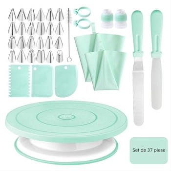 Qiao Set de Decorare Prăjituri cu Suport Rotativ, Antiderapant, din Oțel Inoxidabil + Plastic. Include 24 Duze de Decorare, 2 Pungi de Decorare, 2 Spatule, 2 Inele din Silicon, 2 Perii de Curățare