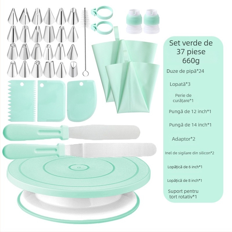 Qiao Set de Decorare Prăjituri cu Suport Rotativ, Antiderapant, din Oțel Inoxidabil + Plastic. Include 24 Duze de Decorare, 2 Pungi de Decorare, 2 Spatule, 2 Inele din Silicon, 2 Perii de Curățare