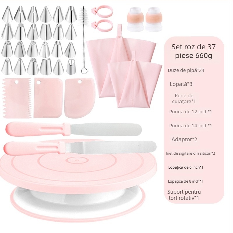 Qiao Set de Decorare Prăjituri cu Suport Rotativ, Antiderapant, din Oțel Inoxidabil + Plastic. Include 24 Duze de Decorare, 2 Pungi de Decorare, 2 Spatule, 2 Inele din Silicon, 2 Perii de Curățare