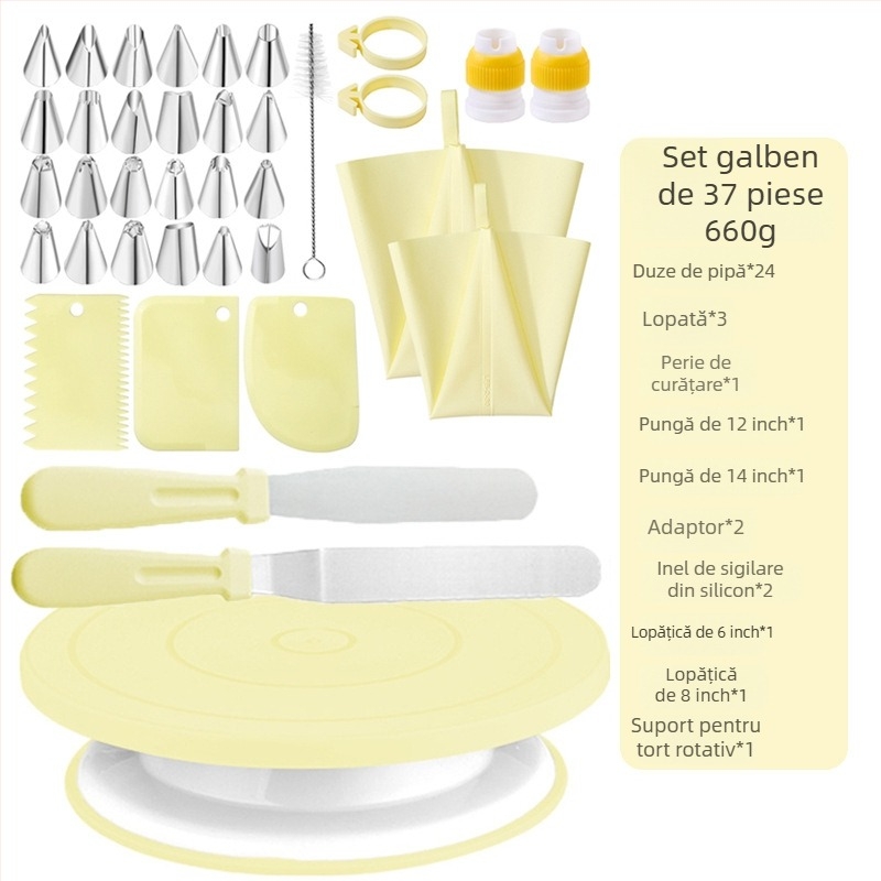 Qiao Set de Decorare Prăjituri cu Suport Rotativ, Antiderapant, din Oțel Inoxidabil + Plastic. Include 24 Duze de Decorare, 2 Pungi de Decorare, 2 Spatule, 2 Inele din Silicon, 2 Perii de Curățare