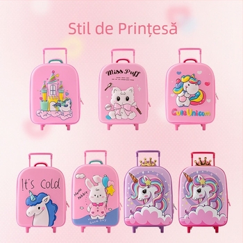 Valiză pentru copii cu roți – model desen animat sirenă și unicorn, EVA ușor, greutate 0,73 kg, deschidere cu fermoar, roți cu o singură direcție, impermeabilă