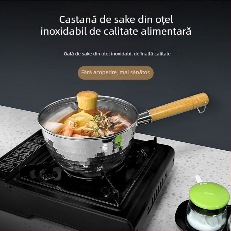 Snow Pan din oțel inoxidabil cu mâner din lemn în stil japonez, model Hammered, antiaderent, fund simplu, potrivit pentru aragaz obișnuit