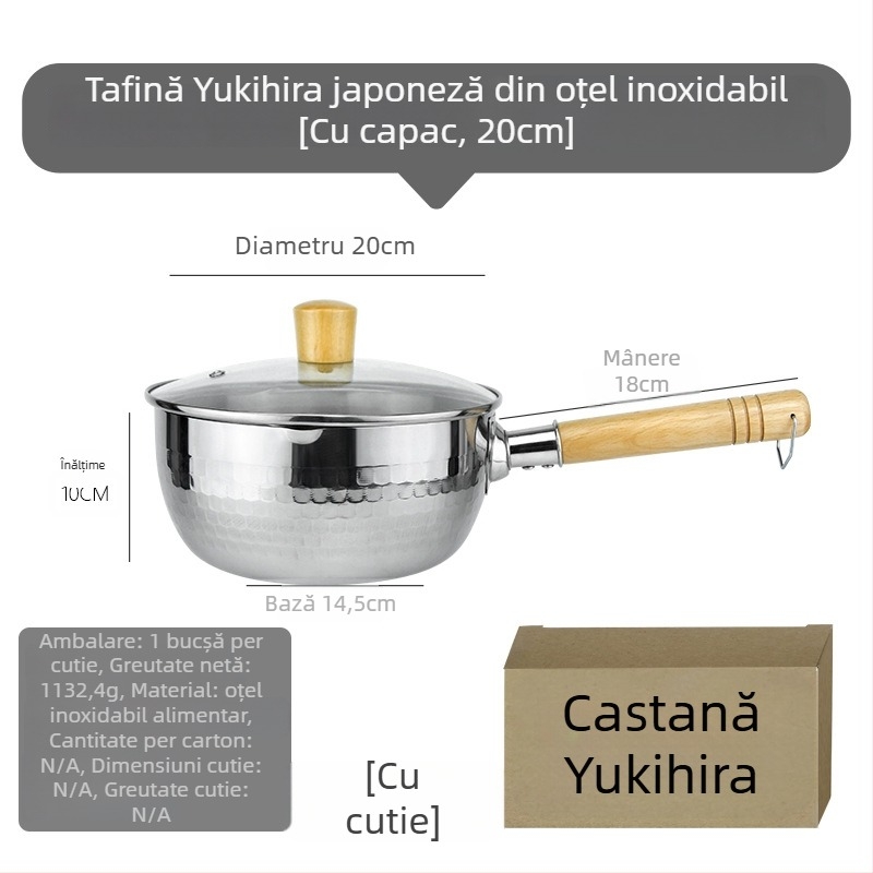 Snow Pan din oțel inoxidabil cu mâner din lemn în stil japonez, model Hammered, antiaderent, fund simplu, potrivit pentru aragaz obișnuit