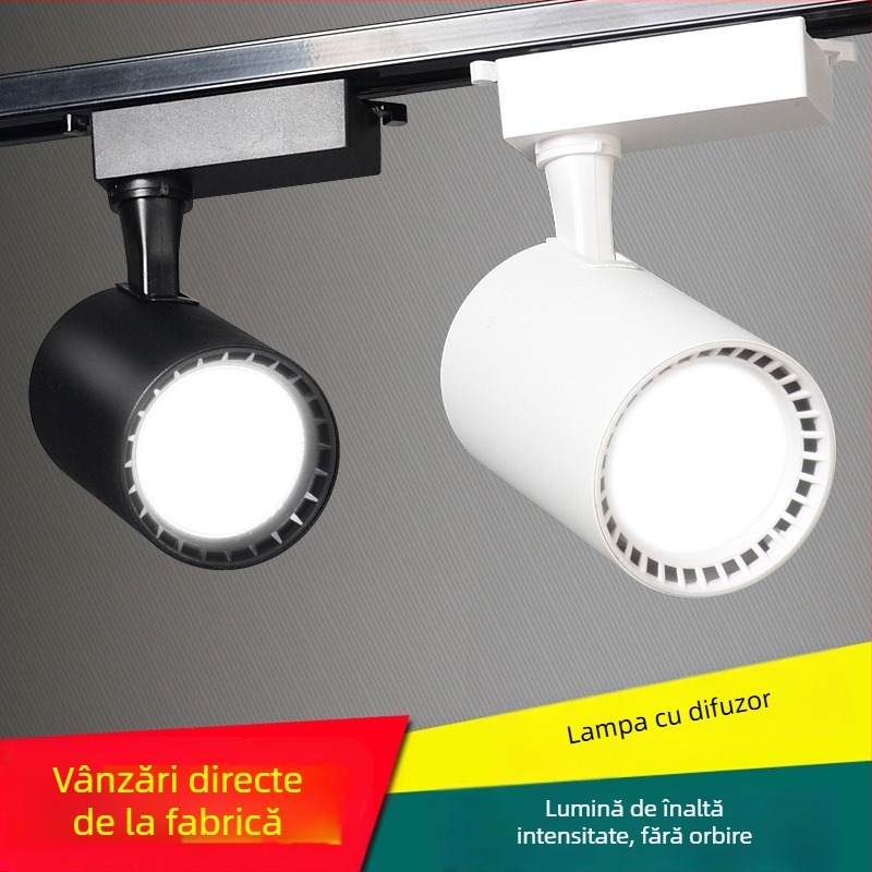Spot LED pe șină cu unghi reglabil, sursă COB, 220V, carcasă din aluminiu, CRI 80–89