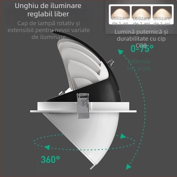 Spot COB LED încasrat pentru plafon, fascicul reglabil, CRI ≥95, 220V, sursă LED, carcasă din aluminiu, întrerupător