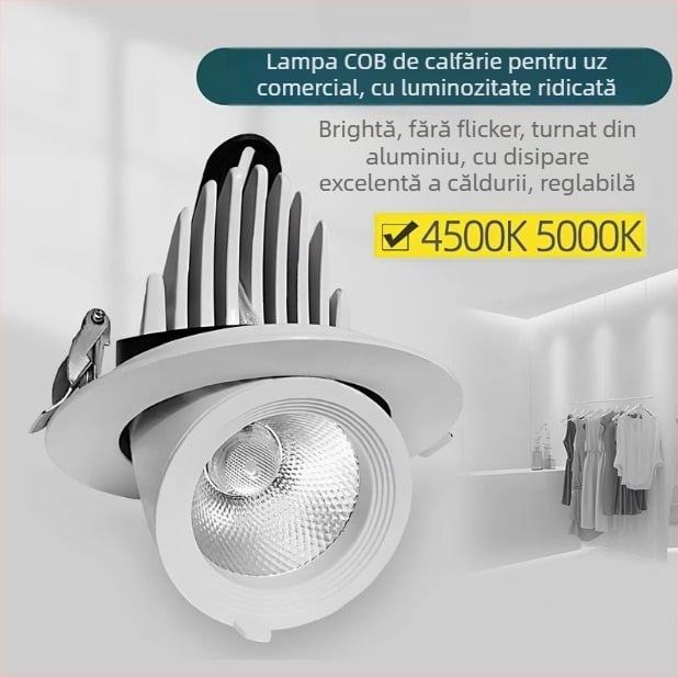 Spot COB LED încasrat pentru plafon, fascicul reglabil, CRI ≥95, 220V, sursă LED, carcasă din aluminiu, întrerupător