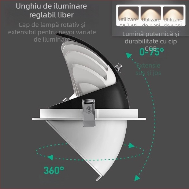 Spot COB LED încasrat pentru plafon, fascicul reglabil, CRI ≥95, 220V, sursă LED, carcasă din aluminiu, întrerupător