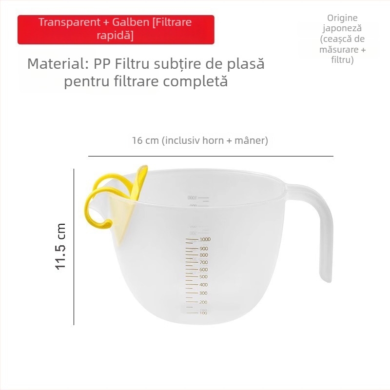 Căniță de măsurat din plastic cu filtru, grad alimentar, pentru ouă și lichide, cu sită de filtrare