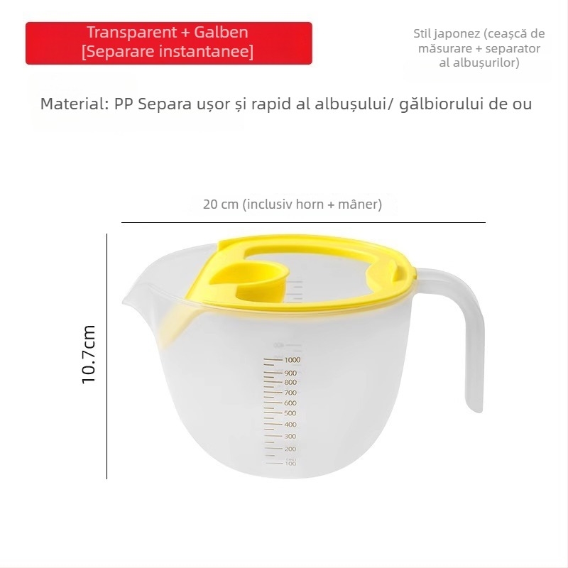 Căniță de măsurat din plastic cu filtru, grad alimentar, pentru ouă și lichide, cu sită de filtrare