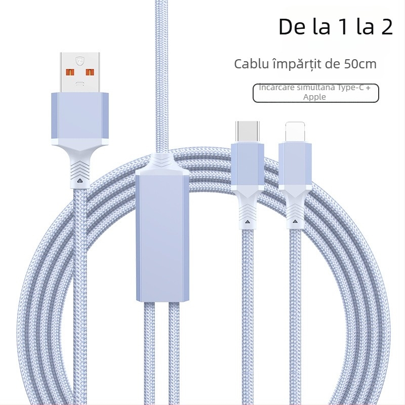 Cablu de date cu încărcare rapidă 2 în 1, USB-C, Lightning și Micro USB, împletit, divizor 1 la 2