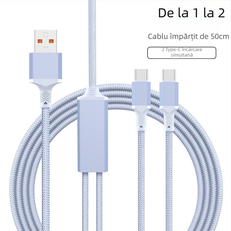 Cablu de date cu încărcare rapidă 2 în 1, USB-C, Lightning și Micro USB, împletit, divizor 1 la 2