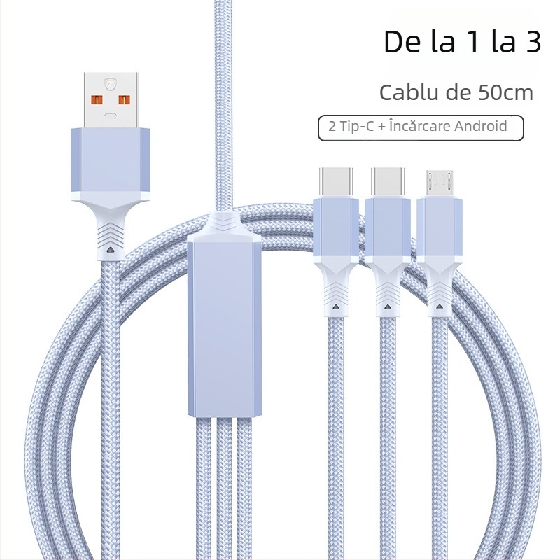 Cablu de date cu încărcare rapidă 2 în 1, USB-C, Lightning și Micro USB, împletit, divizor 1 la 2