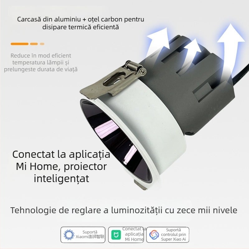 Spot LED încastrat inteligent COB pentru sufragerie, CRI ≥95, tensiune ≤36V, reglaj de luminozitate și culoare la 10.000 de niveluri, model RT-R03, carcasă din aluminiu