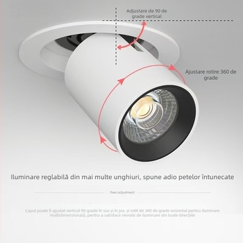 Spot LED încastrat, extensibil, unghi reglabil, protecție pentru ochi; sursă COB, CRI ≥95, tensiune ≤36V, întrerupător cu buton, corp din aluminiu