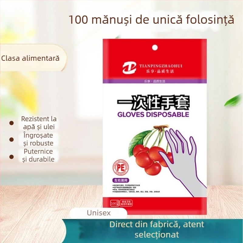 Mănuși PE de unică folosință, de grad alimentar, pentru livrare și catering, transparente, anti-alunecare, 100 bucăți