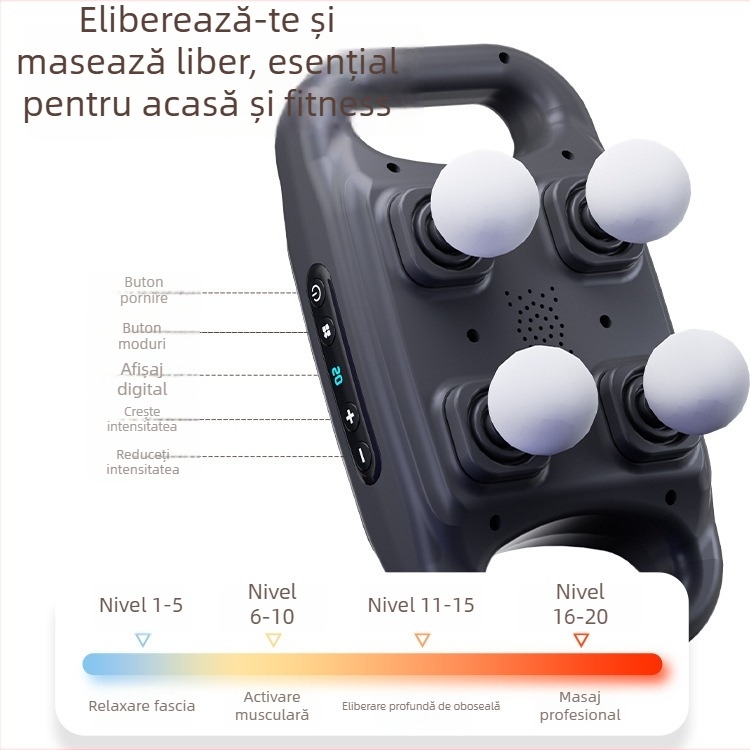 Fascia masaj cu 6 capete, motor brushless, baterie încorporată 1200-2000 mAh, ecran LCD, control cu mai multe viteze, pentru masaj profund al întregului corp