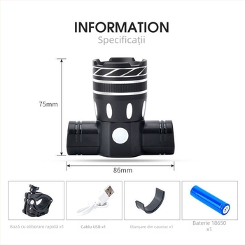 Far de bicicletă T6, reflector din aliaj de aluminiu, focalizare, încărcare USB, rotire 360°, Hissuke