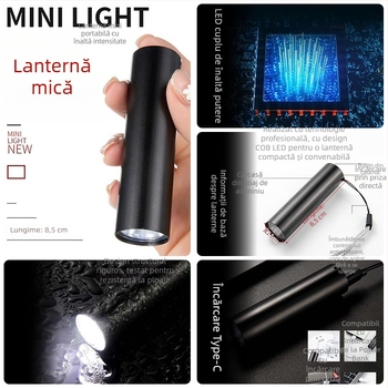 Lanternă mică reîncărcabilă, pentru uz casnic și exterior, 5W, 3.7V, 600 lm, IPX4, timp de încărcare 1–2 ore