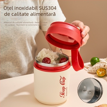 Ceașcă de mic dejun din oțel inoxidabil cu capac și linguriță, izolație dublă, rotundă, recipient portabil pentru terci și lapte