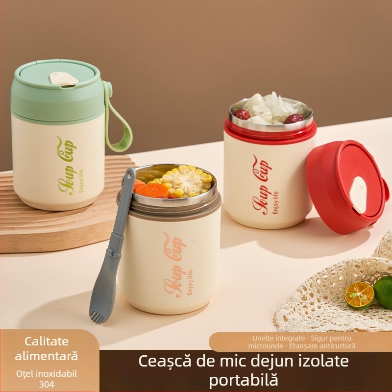 Ceașcă de mic dejun din oțel inoxidabil cu capac și linguriță, izolație dublă, rotundă, recipient portabil pentru terci și lapte