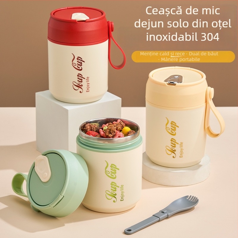 Ceașcă de mic dejun din oțel inoxidabil cu capac și linguriță, izolație dublă, rotundă, recipient portabil pentru terci și lapte