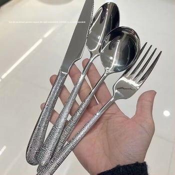 Set tacâmuri din oțel inoxidabil 304 cu model ciocănat – cuțit de masă, cuțit pentru steak, furculiță și lingură; versiune îngroșată, stil nordic, finisaj oglindă