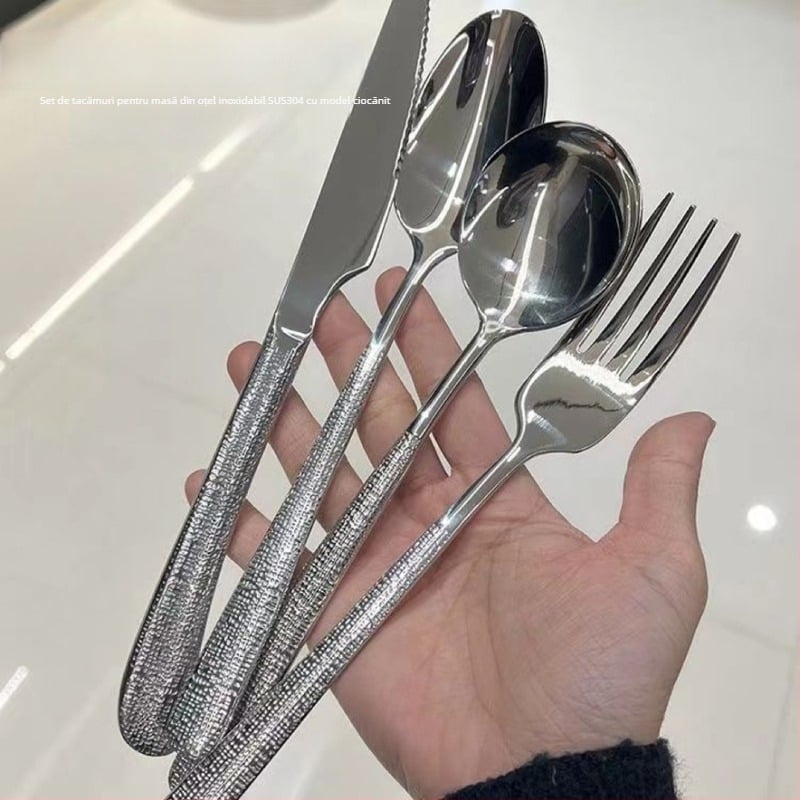 Set tacâmuri din oțel inoxidabil 304 cu model ciocănat – cuțit de masă, cuțit pentru steak, furculiță și lingură; versiune îngroșată, stil nordic, finisaj oglindă