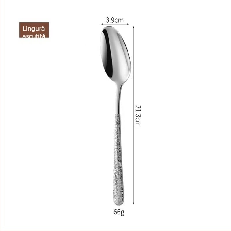 Set tacâmuri din oțel inoxidabil 304 cu model ciocănat – cuțit de masă, cuțit pentru steak, furculiță și lingură; versiune îngroșată, stil nordic, finisaj oglindă