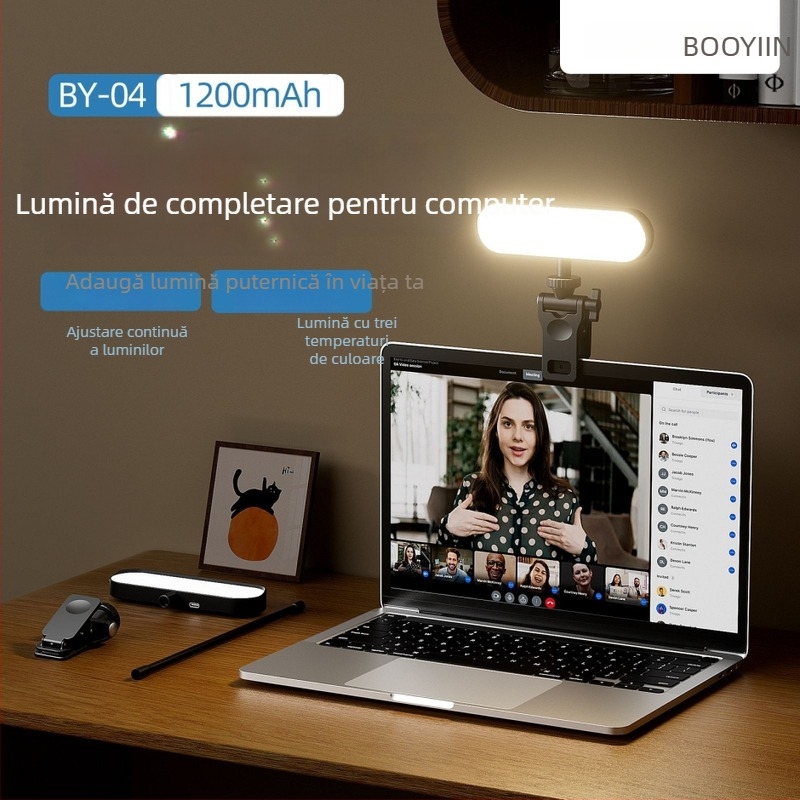 BY04 Lumină LED pentru completare pentru computer — Temperatură de culoare reglabilă 2500K–9900K, 5V, Putere sub 10W, Baterie încorporată 1200mAh