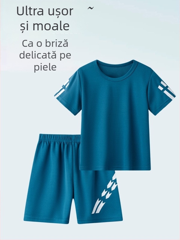 Set sport pentru copii din două piese: tricou cu mâneci scurte și pantaloni scurți; material poliester cu căptușeală din poliester; design în nuanțe coordonate; vară; potrivit pentru mai multe sporturi (baschet, fotbal, tenis, badminton); pentru copii într