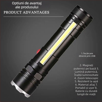 Lanternă din aliaj de aluminiu, LED T6 cu zoom, USB reîncărcabil 7W, rază de peste 500 m, rotire la 360°, suport magnetic pentru stilou și COB lumină