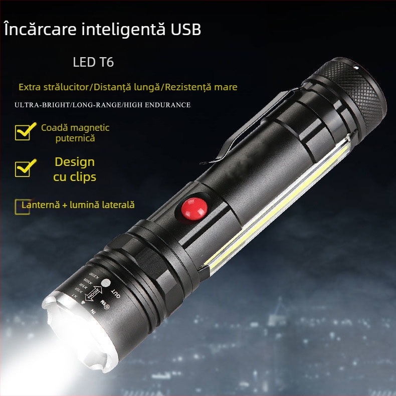 Lanternă din aliaj de aluminiu, LED T6 cu zoom, USB reîncărcabil 7W, rază de peste 500 m, rotire la 360°, suport magnetic pentru stilou și COB lumină