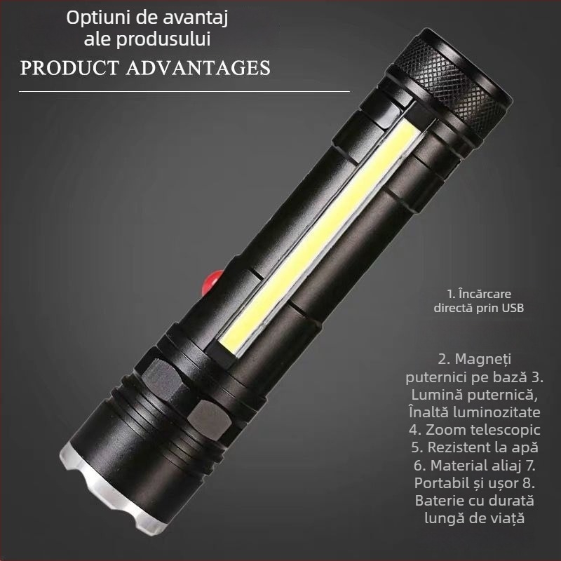 Lanternă din aliaj de aluminiu, LED T6 cu zoom, USB reîncărcabil 7W, rază de peste 500 m, rotire la 360°, suport magnetic pentru stilou și COB lumină