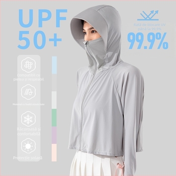 Jachetă feminină scurtă din nylon, cu glugă, UPF50+ UV protecție, respirabilă, ultra ușoară, evacuează umezeala