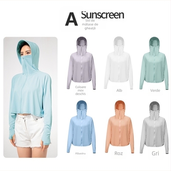 Jachetă feminină scurtă din nylon, cu glugă, UPF50+ UV protecție, respirabilă, ultra ușoară, evacuează umezeala
