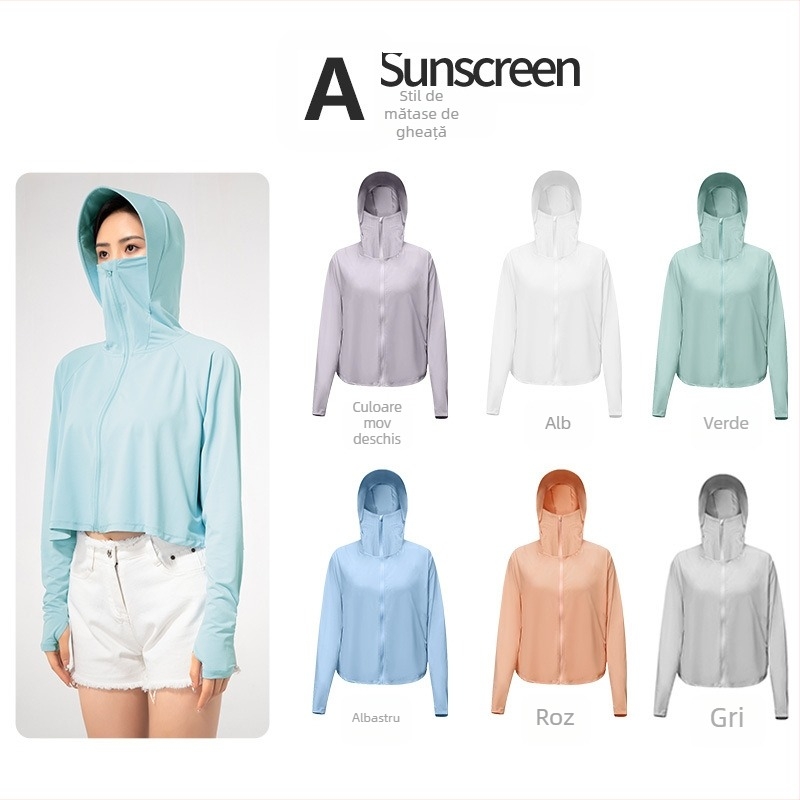Jachetă feminină scurtă din nylon, cu glugă, UPF50+ UV protecție, respirabilă, ultra ușoară, evacuează umezeala