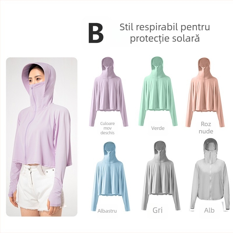 Jachetă feminină scurtă din nylon, cu glugă, UPF50+ UV protecție, respirabilă, ultra ușoară, evacuează umezeala