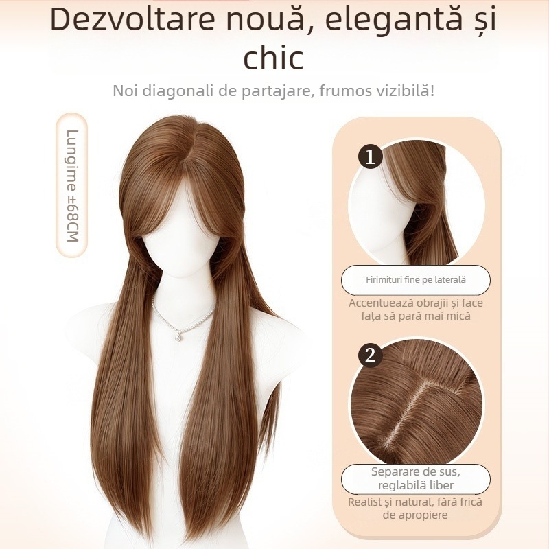 Perucă cu aspect natural, păr lung drept și breton înclinat, fibră din mătase rezistentă la temperaturi ridicate, model 8484