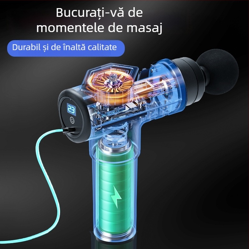 Pistol de masaj portabil (motor cu perii, 5+ trepte de viteză, baterie încorporată, zgomot redus sub 36 dB)