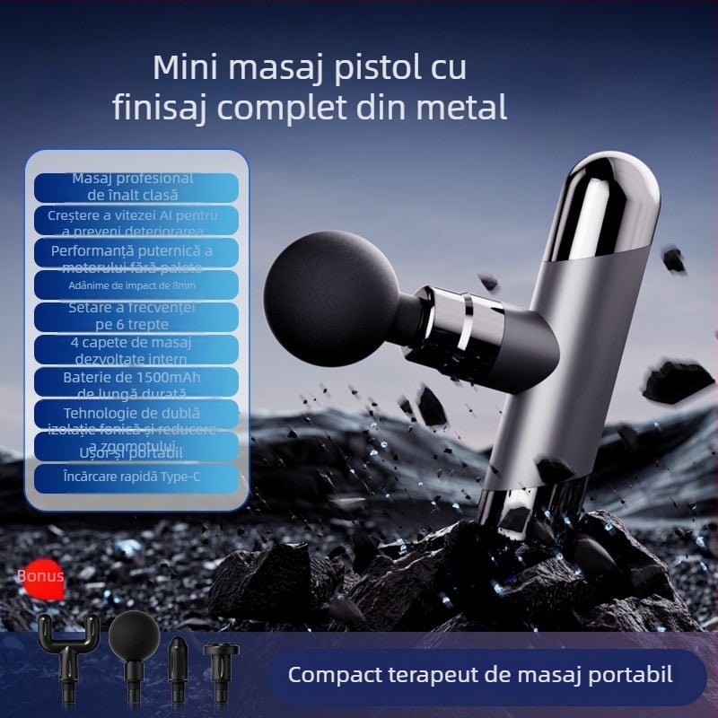 Mini masaj portabil profesional cu baterie încorporată, 4 capete, 5 viteze, motor cu peri, zgomot 36–45 dB