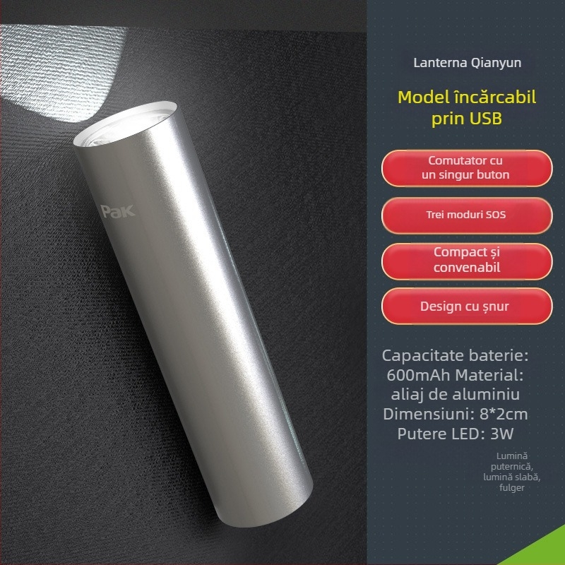 Lanternă LED portabilă, carcasa din aliaj de aluminiu, reîncărcabilă, ultra-subțire, protecție la supraîncărcare