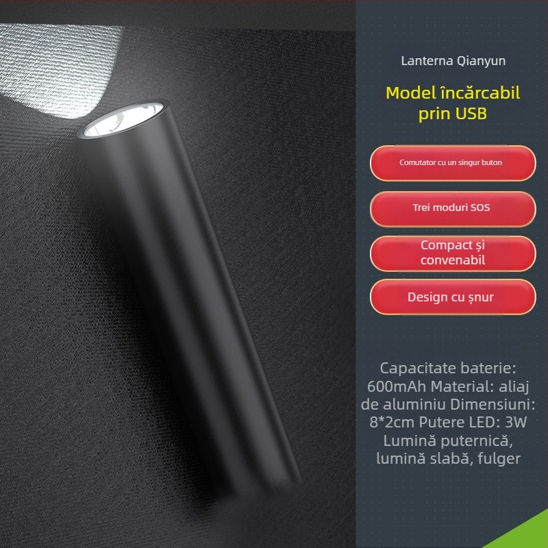 Lanternă LED portabilă, carcasa din aliaj de aluminiu, reîncărcabilă, ultra-subțire, protecție la supraîncărcare