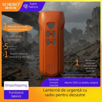 Lanternă LED de urgență cu manivelă, radio integrat, corp ABS, rotație de 360°, multifuncțional